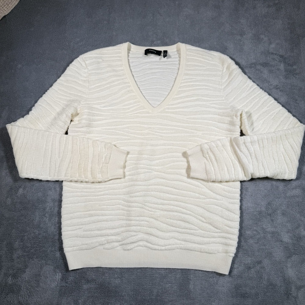 Theory Zebra Plush V-Neck Sweater Women's Small Cream Bering Textured Wool Blend